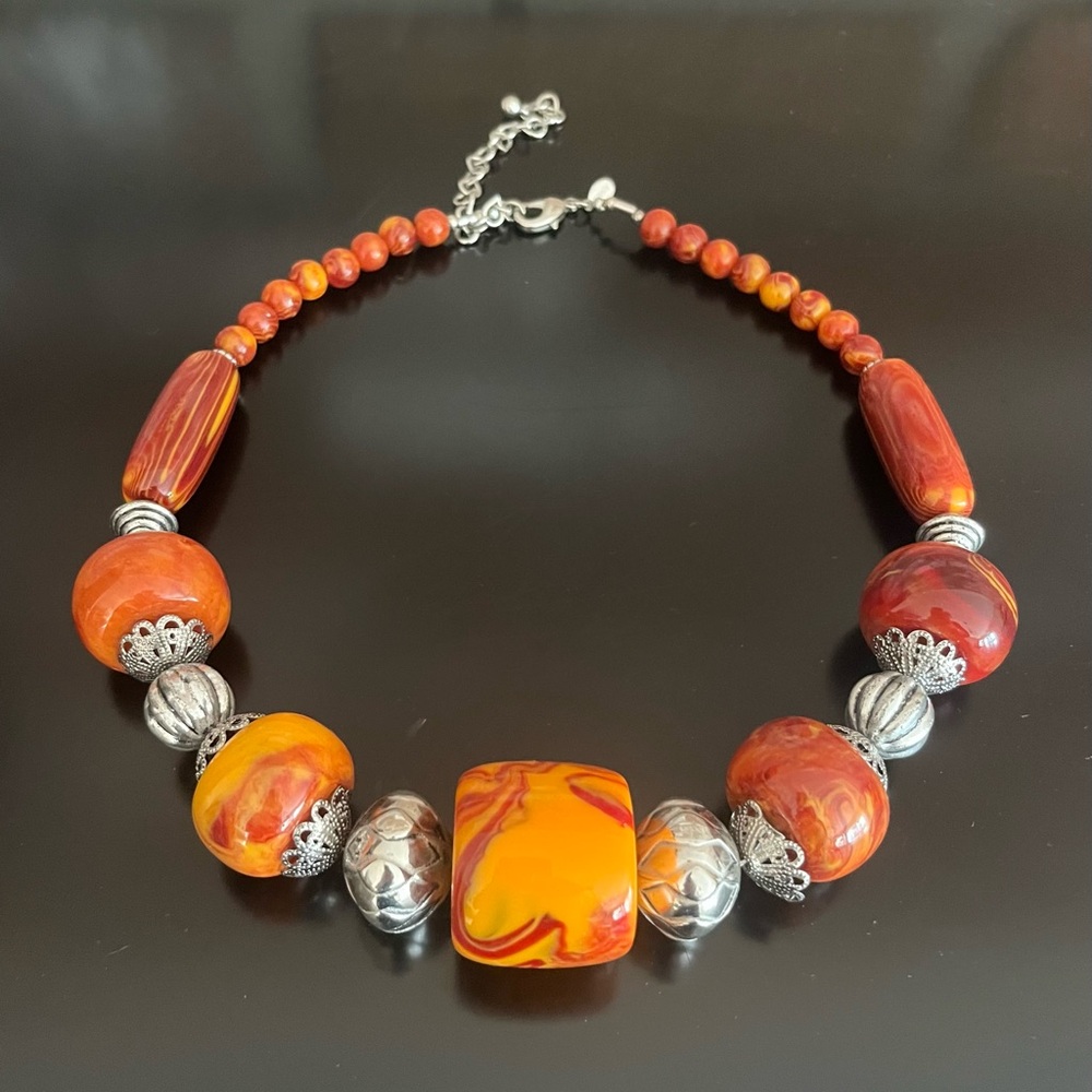 Chico's Vibrant Orange and Silver Necklace with Beaded Elegance